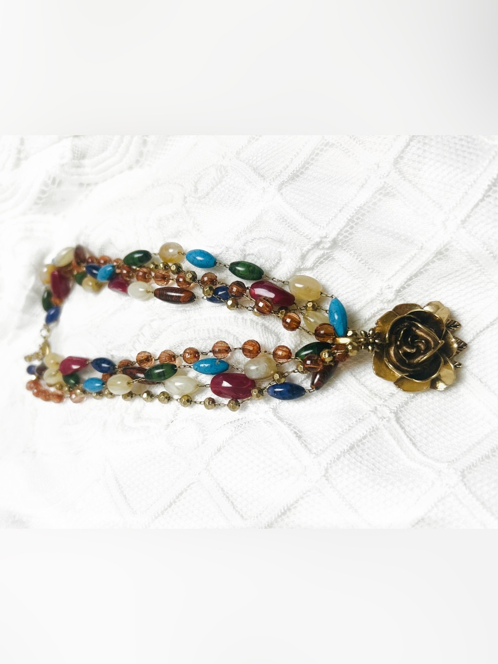 Multistrand Colorful Beaded Statement Necklace Floral Rose Pendant Boho - Picture 5 of 7